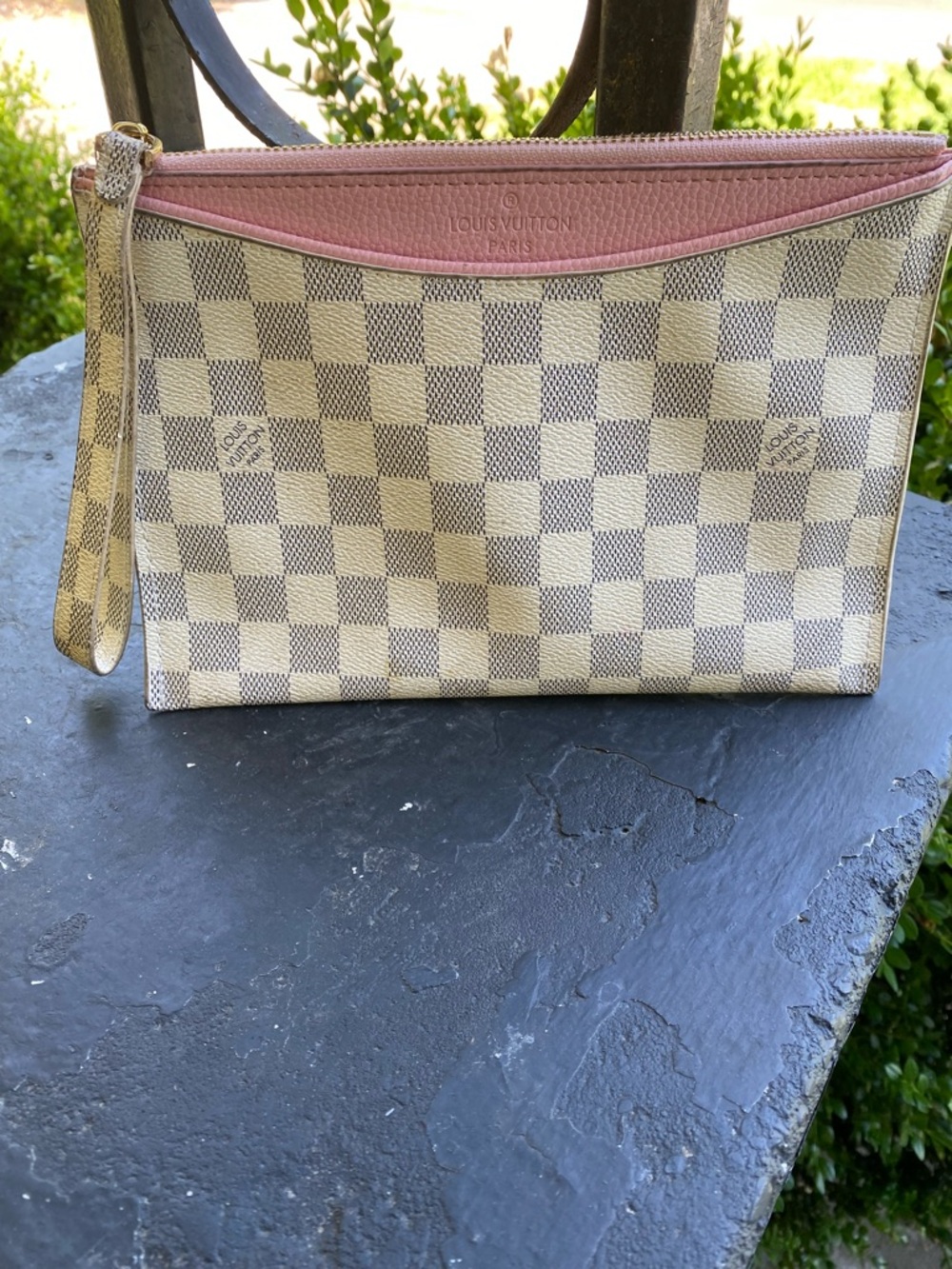 Not Authentic Louis Vuitton Damier Azur Canvas Wristlet with Pink Trim